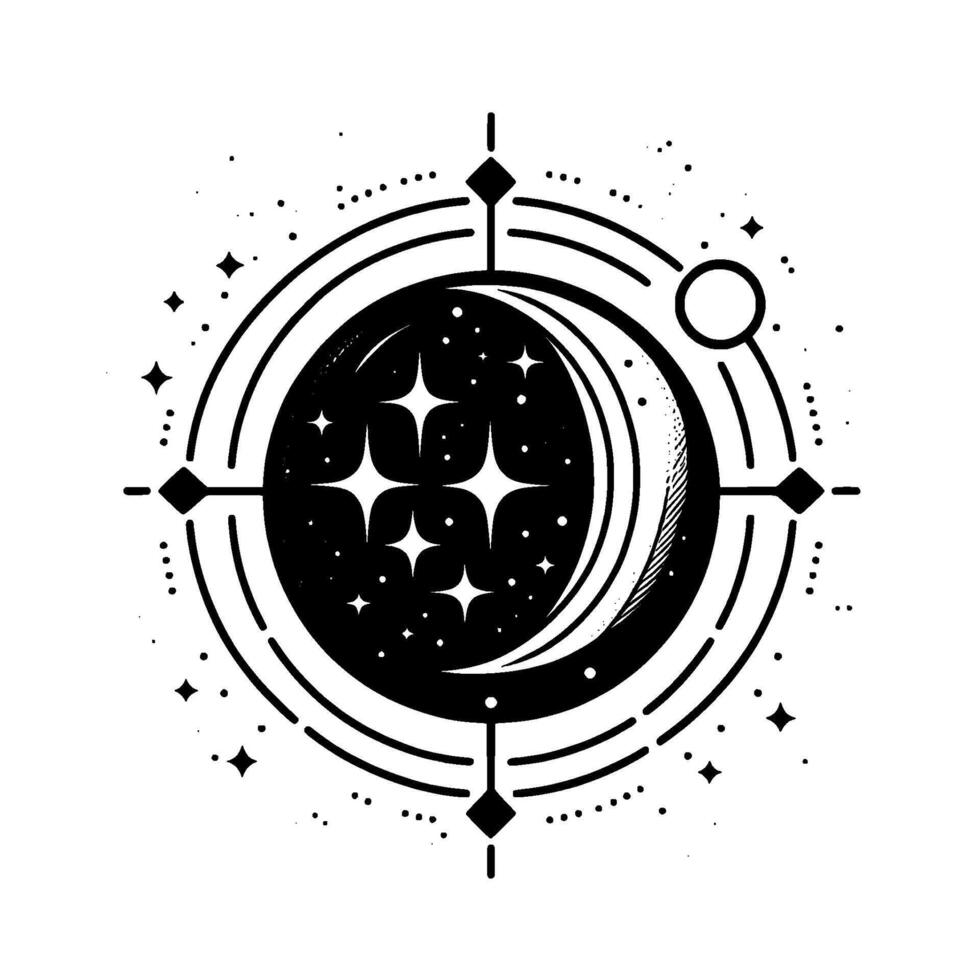 Celestial Emblem A minimalistic black and white illustration showcasing a crescent moon, stars, and geometric design, evoking cosmic mystery. vector