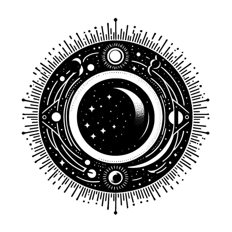 Intricate Celestial Mandala in Black and White, Featuring Crescent Moon, Stars, Sun, and Cosmic Geometric Design. vector