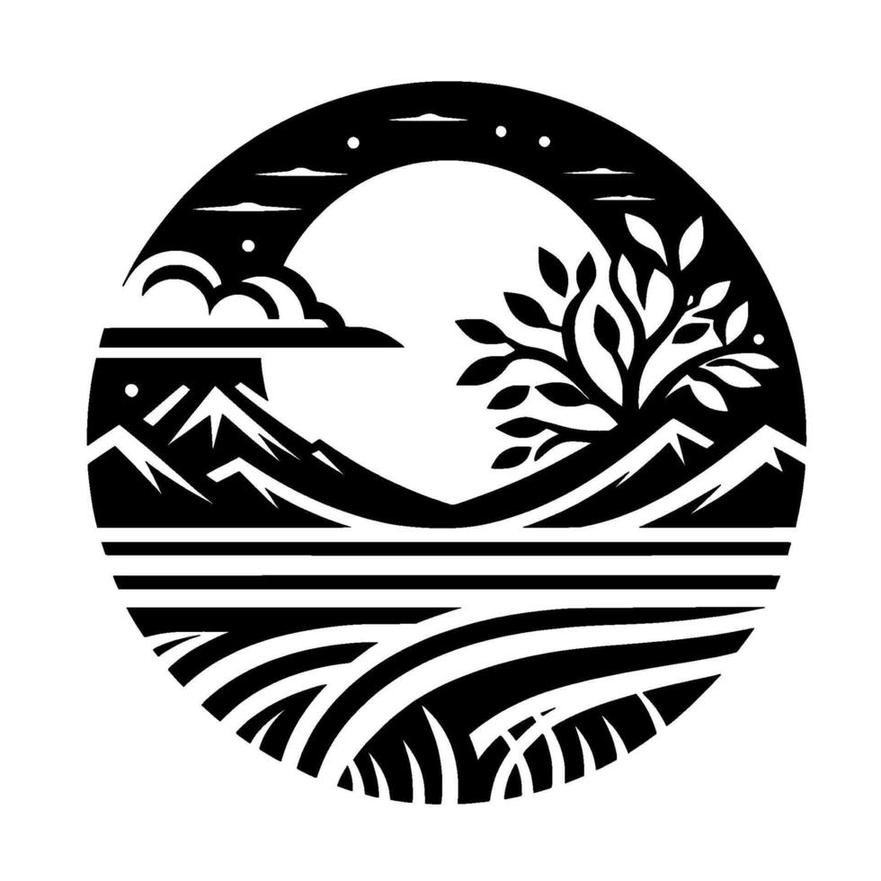 Circular monochrome landscape silhouette mountains, tree, clouds, fields, sun, and stars in a serene and minimalist design. vector