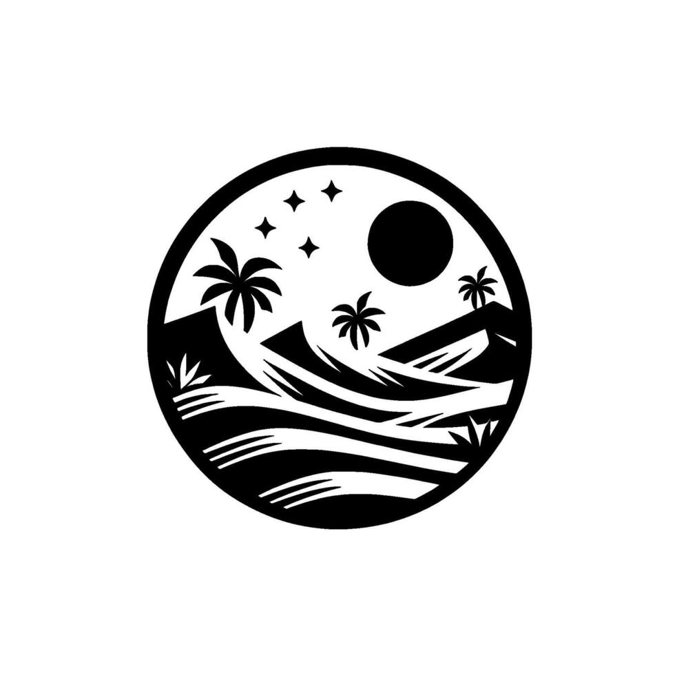 Monochromatic circular of tropical landscape with waves, palm trees, hills, stars, and a sun in a minimalist design. vector