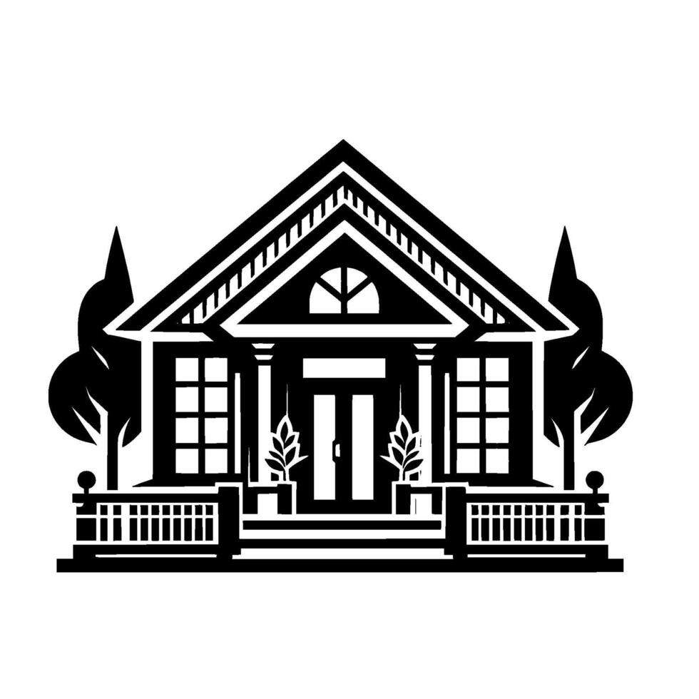 Black and White Illustration of a Classic House with Trees, Pillars, Porch, and Decorative Elements. vector