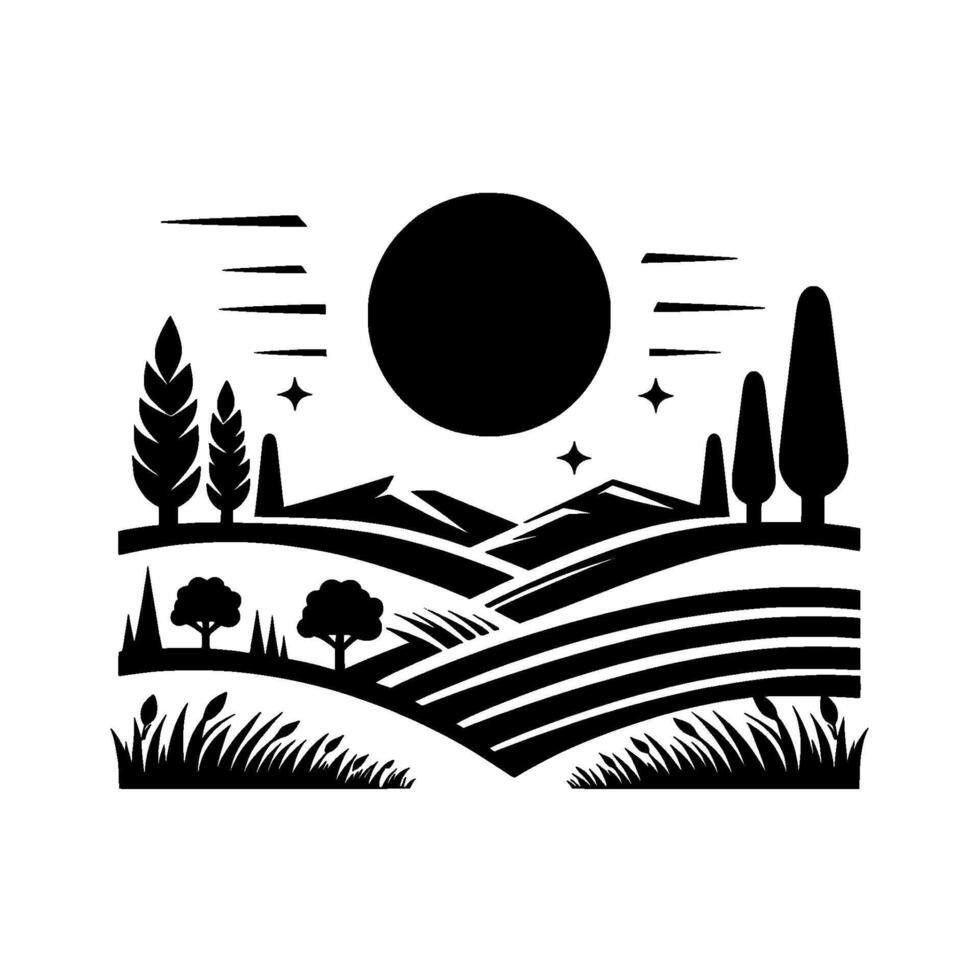 Black and white minimalist landscape illustration featuring rolling hills, trees, a large sunmoon, and stars, evoking a serene, rustic vibe. vector