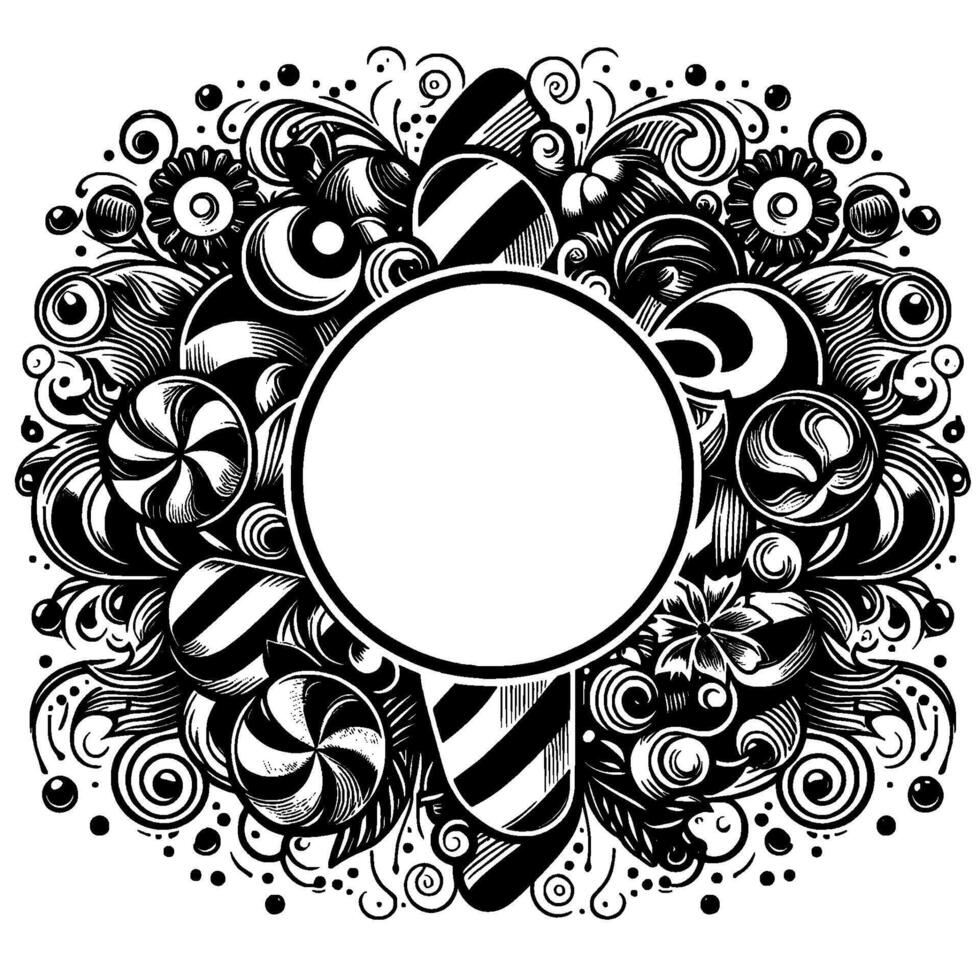 Intricate Black and White Illustration of a Candy Garland Frame with a Central Blank Circle, Evoking Sweetness. vector