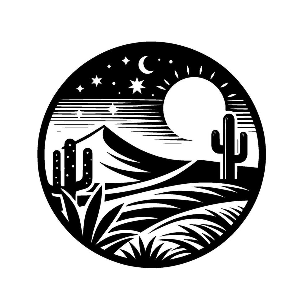 Minimalist Black and White Desert Night Scene in a Circle Frame Cacti, Mountains, Moon, and Stars. vector