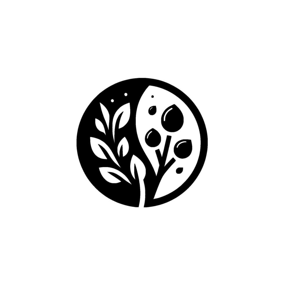 Black and White Yin Yang Symbol with Leaves and Berries, Representing Balance and Harmony in Nature. vector