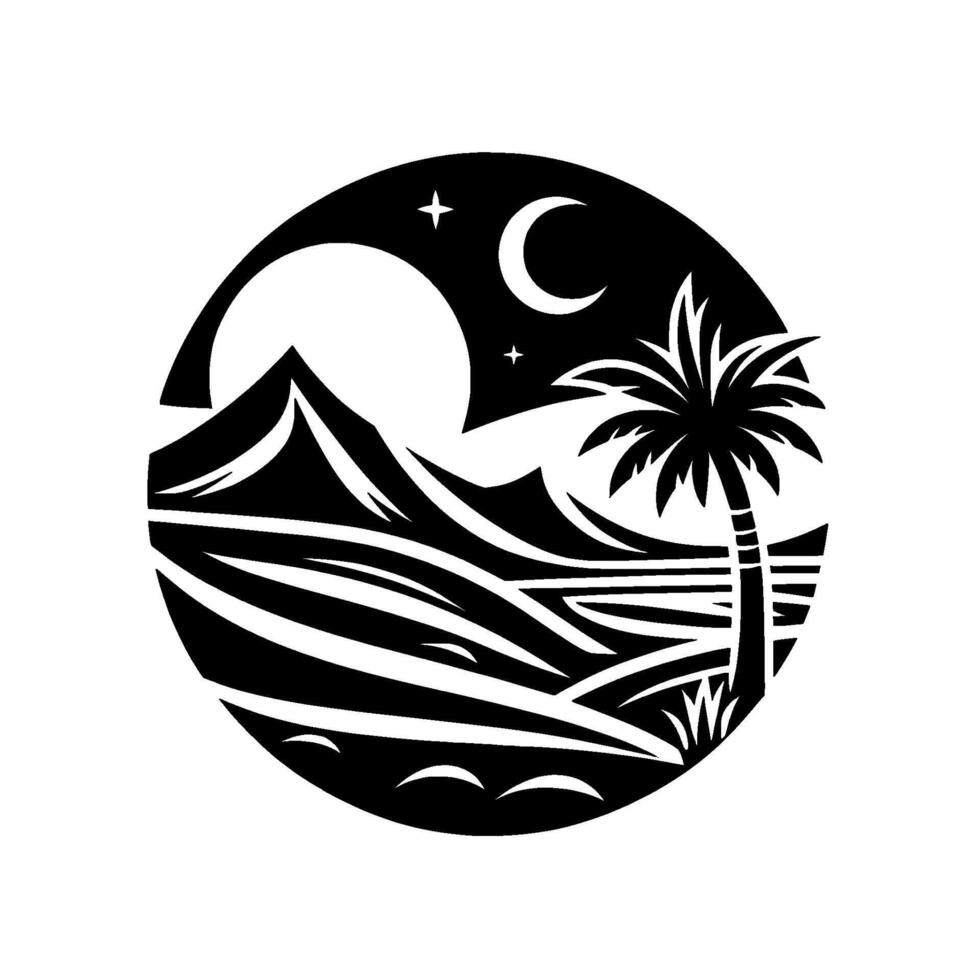 Monochromatic circular illustration Coastal landscape with mountains, palm tree, crescent moon, and stars under a nighttime sky. vector