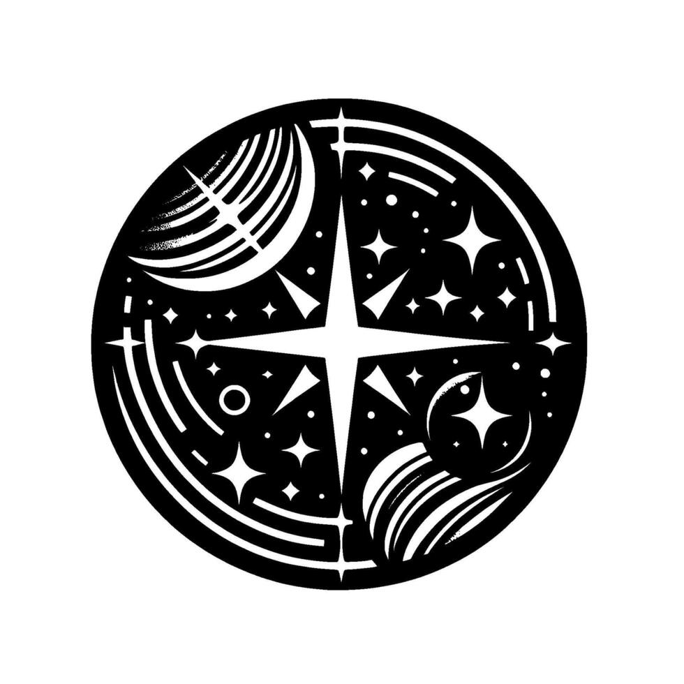 Celestial emblem A symmetrical black and white circular illustration featuring a central fourpointed star, crescent, planetary bodies, and constellations. vector