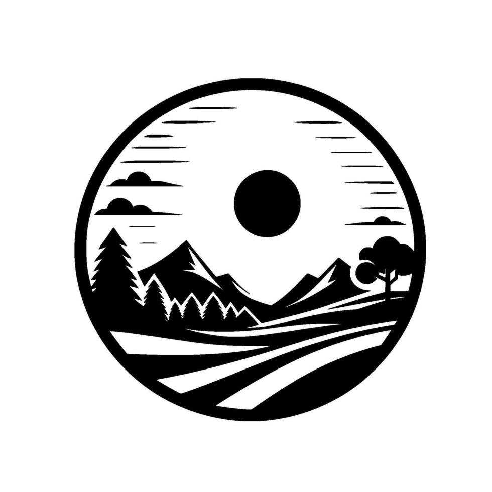 Circular minimalist black and white landscape logo mountains, trees, fields, sun, and clouds. vector