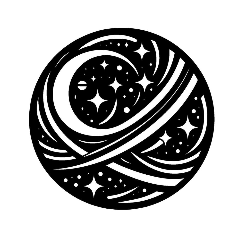 A celestial mandala featuring a swirling cosmos with a crescent moon and radiant stars, rendered in a striking black and white aesthetic. vector