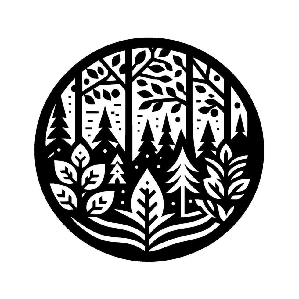 Minimalist Black and White Circular Forest Illustration Trees, Leaves, and Foliage in Natures Embrace. vector
