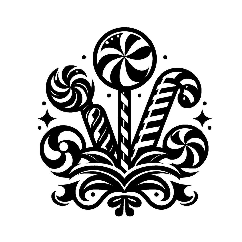 Stylized Black and White Candy Arrangement Featuring Lollipops, Candy Canes, and Decorative Floral Elements on a White Background. vector