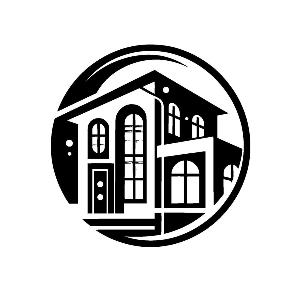 Elegant Black and White Architectural Illustration of a TwoStory House Enclosed Within a Circular Border, Evoking Modernity. vector