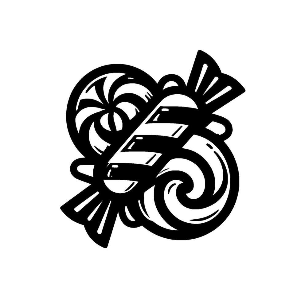 Bold Black and White Illustration of Assorted Candies Swirl Lollipops and a Wrapped Candy Cane, set against a Clean White Background. vector