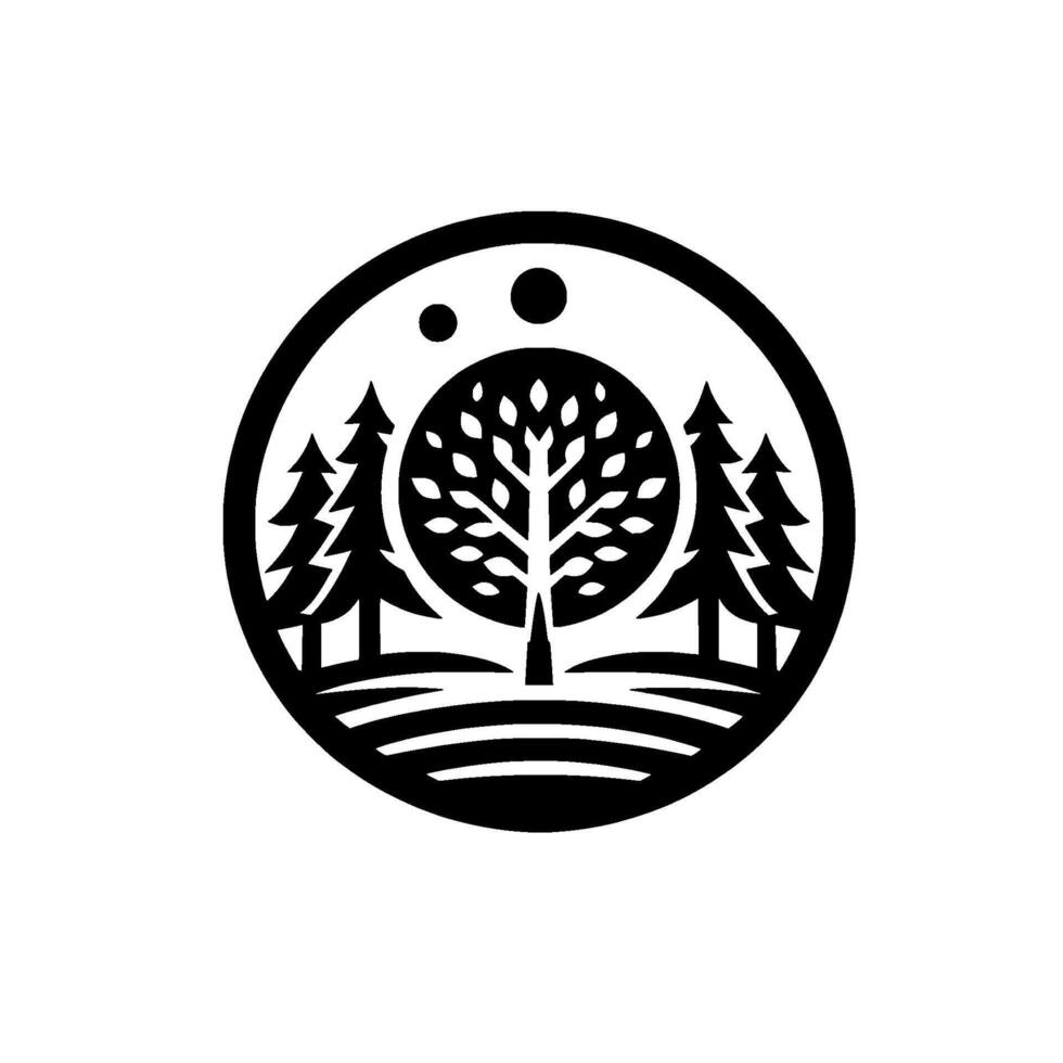 Monochrome Nature Logo A stylized circle containing a tree within a leafy globe, flanked by conifers, under a dotted sky and over the horizon. vector