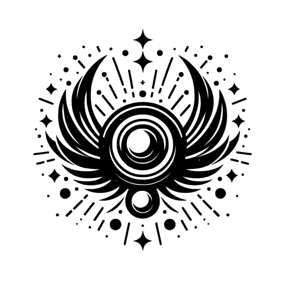 Monochromatic Mystic Glyph A symmetrical black and white featuring stylized wings, concentric circles, radiating lines, stars, and dots, suggesting celestial or spiritual themes. vector