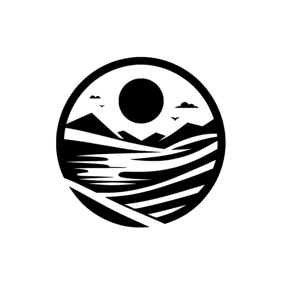 Circular minimalist black and white landscape with sun, mountains, fields, birds, and clouds on white. vector