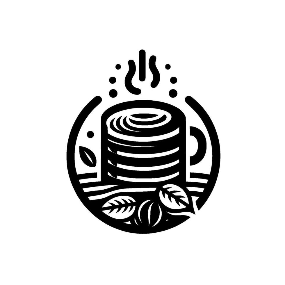 Stylized Black and White Logo Circular Composition Depicting a Steaming Coffee Mug with Leaves and Beans. vector