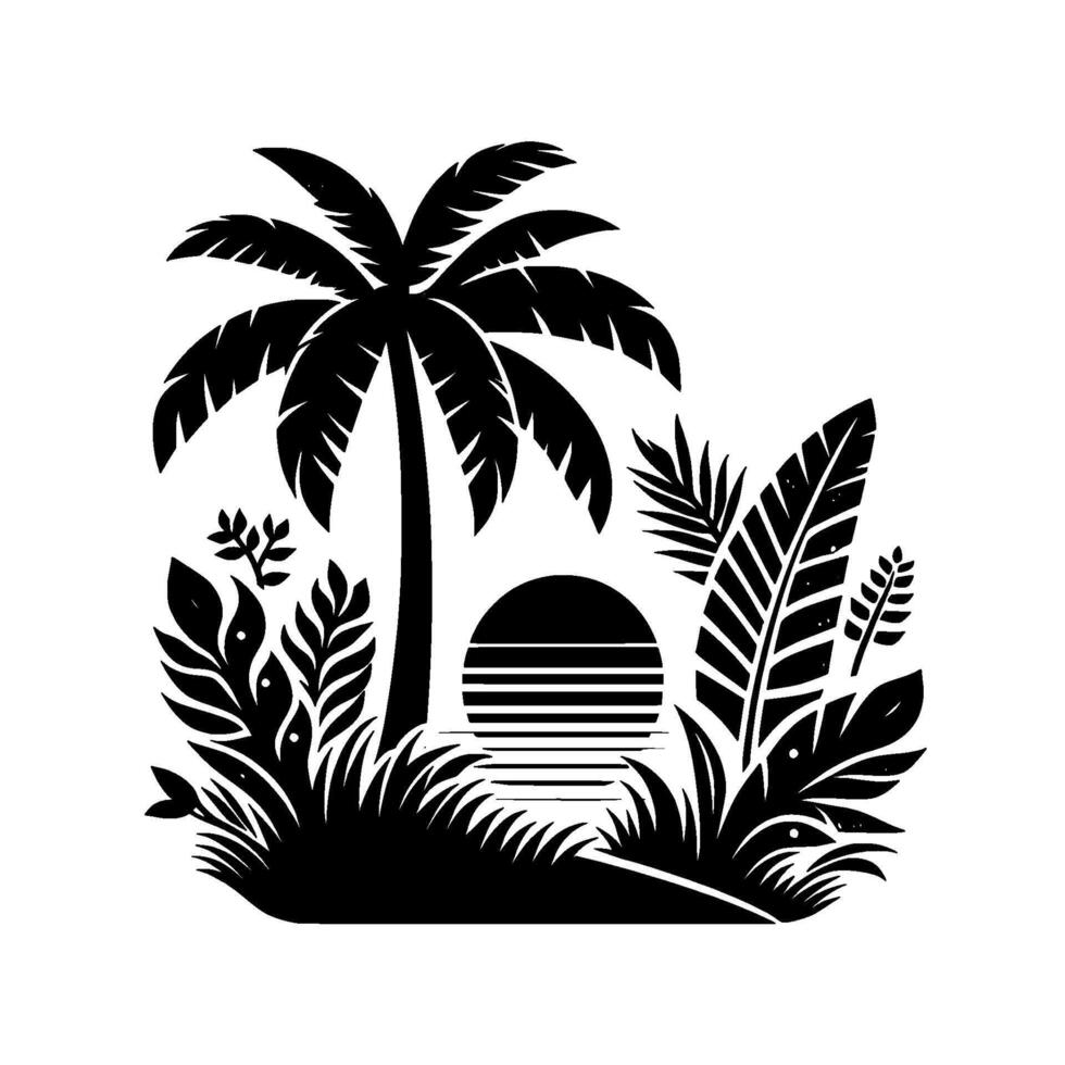 A stylized black and white tropical island silhouette featuring palm trees, lush foliage, a striped sun, and an idyllic scene on a white background. vector
