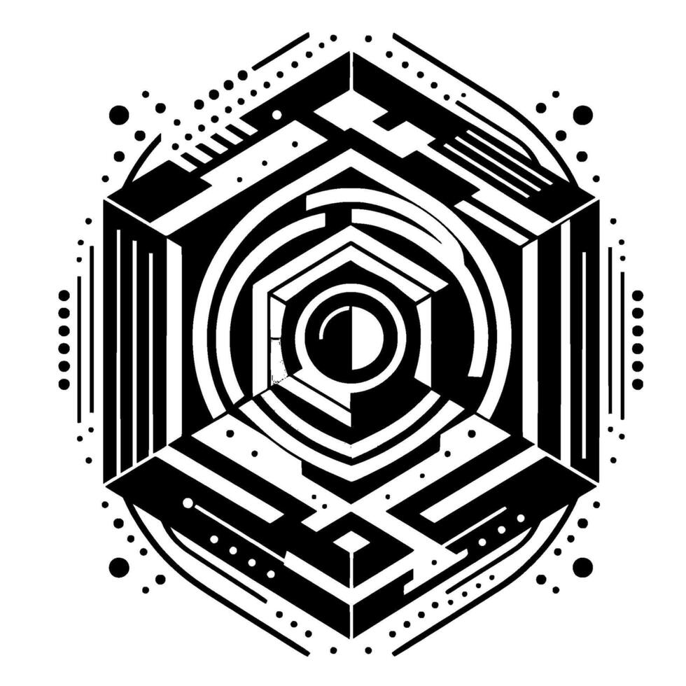 Geometric black and white of concentric shapes, cubelike structure, dots, and stylized eye. vector
