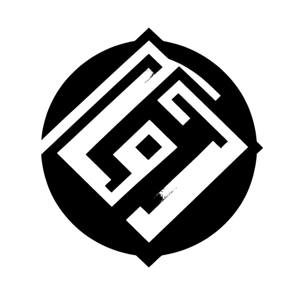 Abstract geometric emblem, black circle with overlapping squares and a central diamond on a white backdrop, design. vector