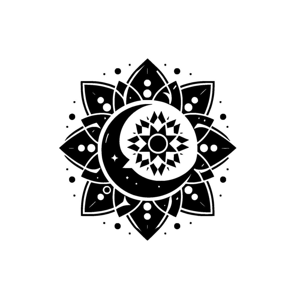 Intricate Black and White Mandala Featuring a Crescent Moon, Star, and Sunburst Center, Surrounded by PetalLike Shapes. vector