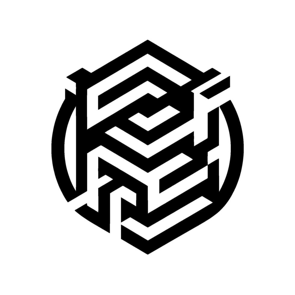 A black and white geometric emblem, featuring a hexagonal shape with a mazelike pattern encased within a circular outline, set against a white backdrop. vector