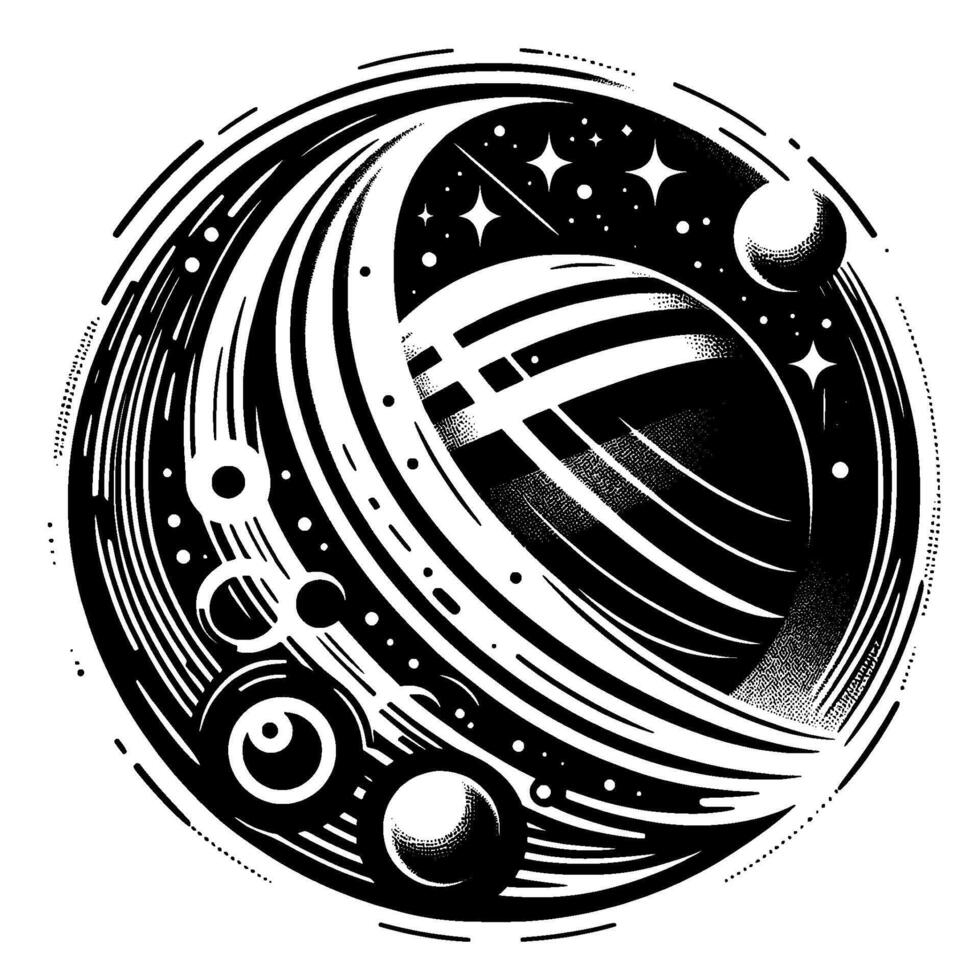 Artistic Black and White Celestial Orb Planets, Stars, and Cosmic Swirls Enclosed in a Round, Abstract Design. vector