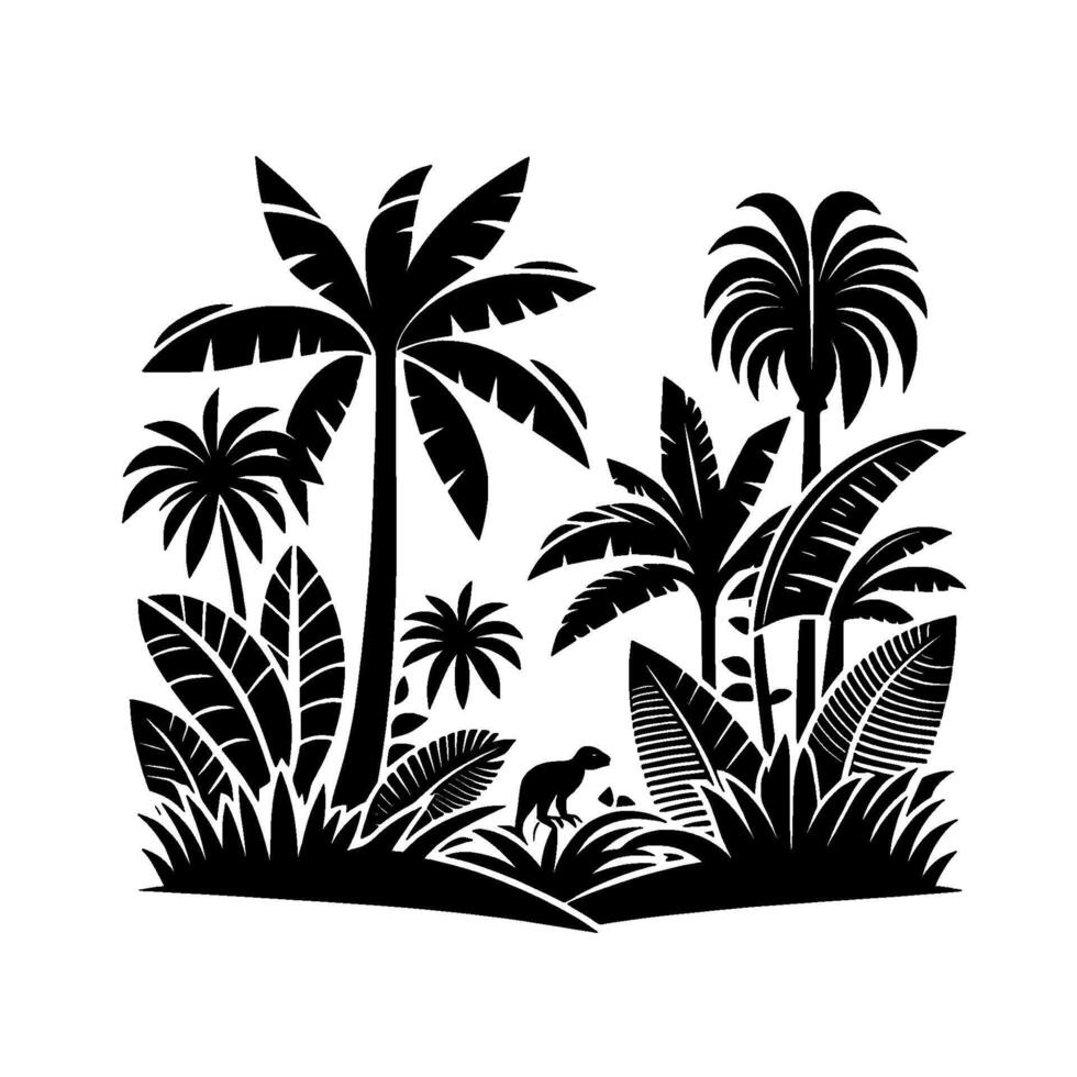 Stylized Black and White Illustration Tropical Jungle Scene with Palm Trees, Lush Foliage, and a Curious Animal. vector