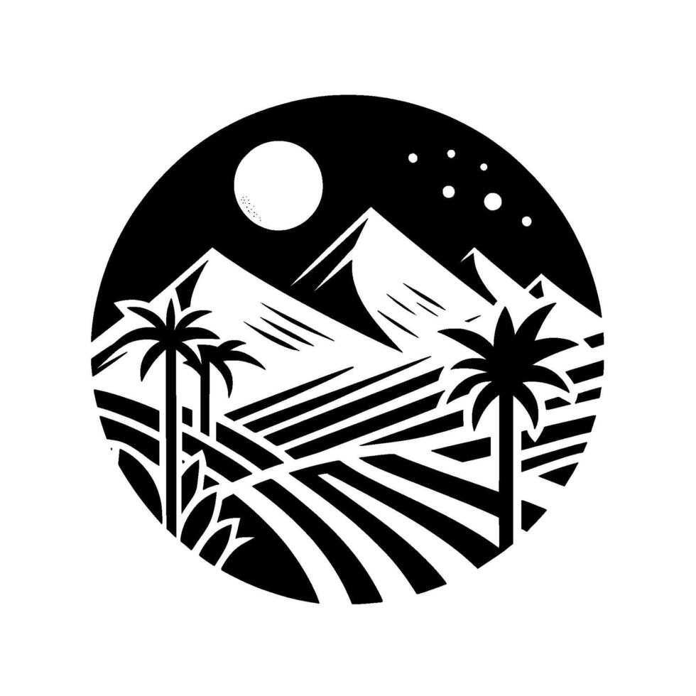 Black white minimalist illustration of a tropical landscape with mountains, palm trees, a full moon, and stars, enclosed in a circular frame. vector