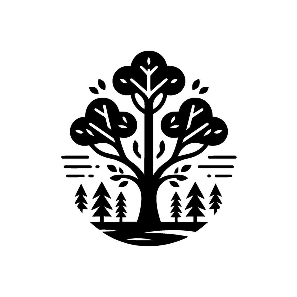 Stylized black and white design, featuring a large tree with leafy crown, surrounded by smaller pine trees, all within a circular form. vector