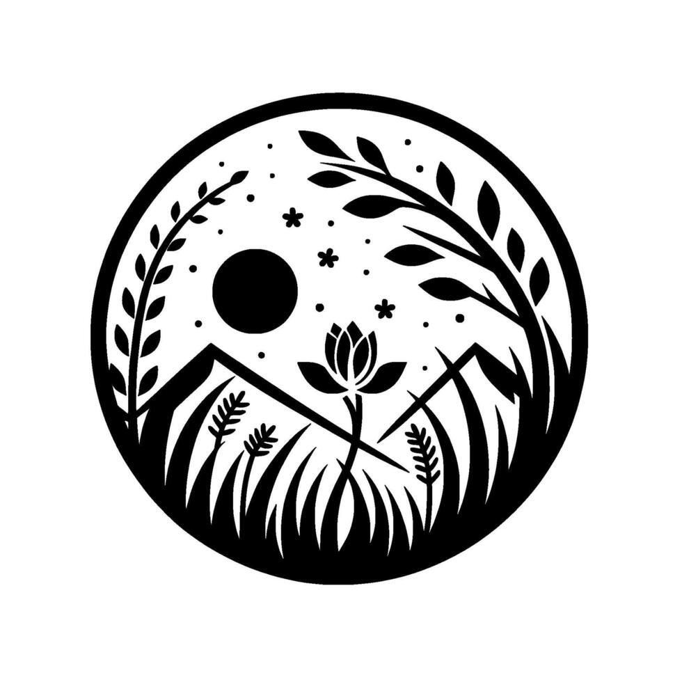 Black and white circular illustration with stylized flora and fauna. Lotus flower blooming under the sun with mountains and starry sky. vector
