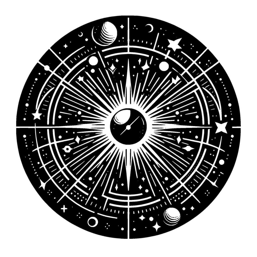 Black and white celestial compass featuring planets, stars, rays, and geometric patterns. vector