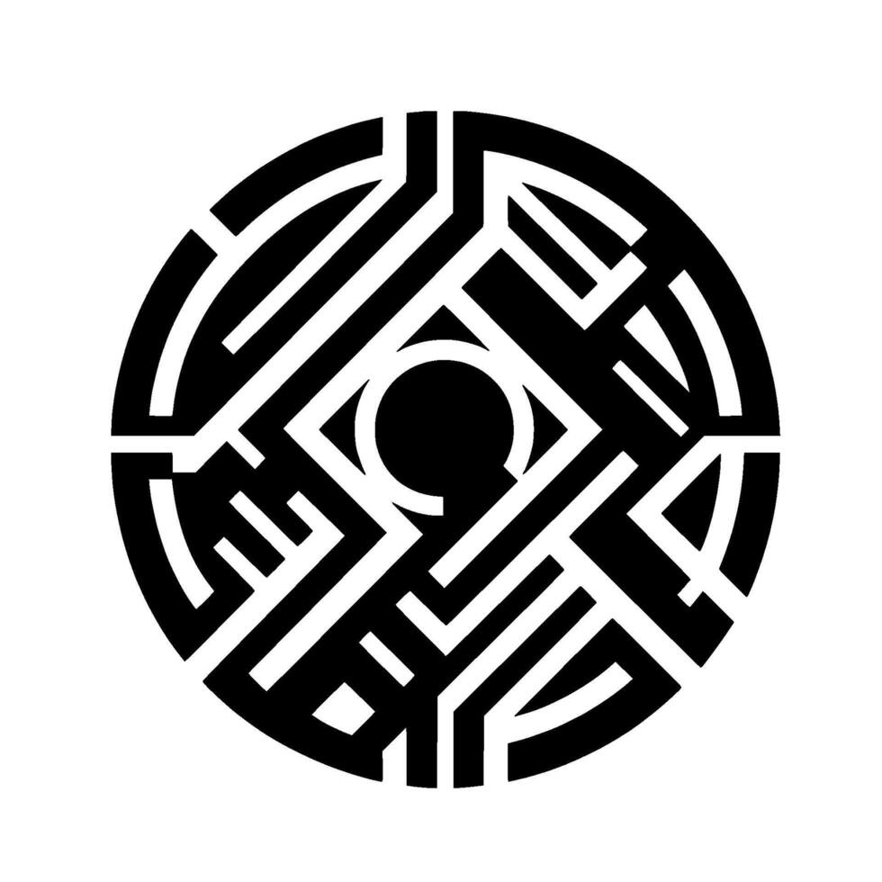 Intricate Black White Circular Geometric Pattern with Mazelike Structure and Central Circle, Isolated on White. vector