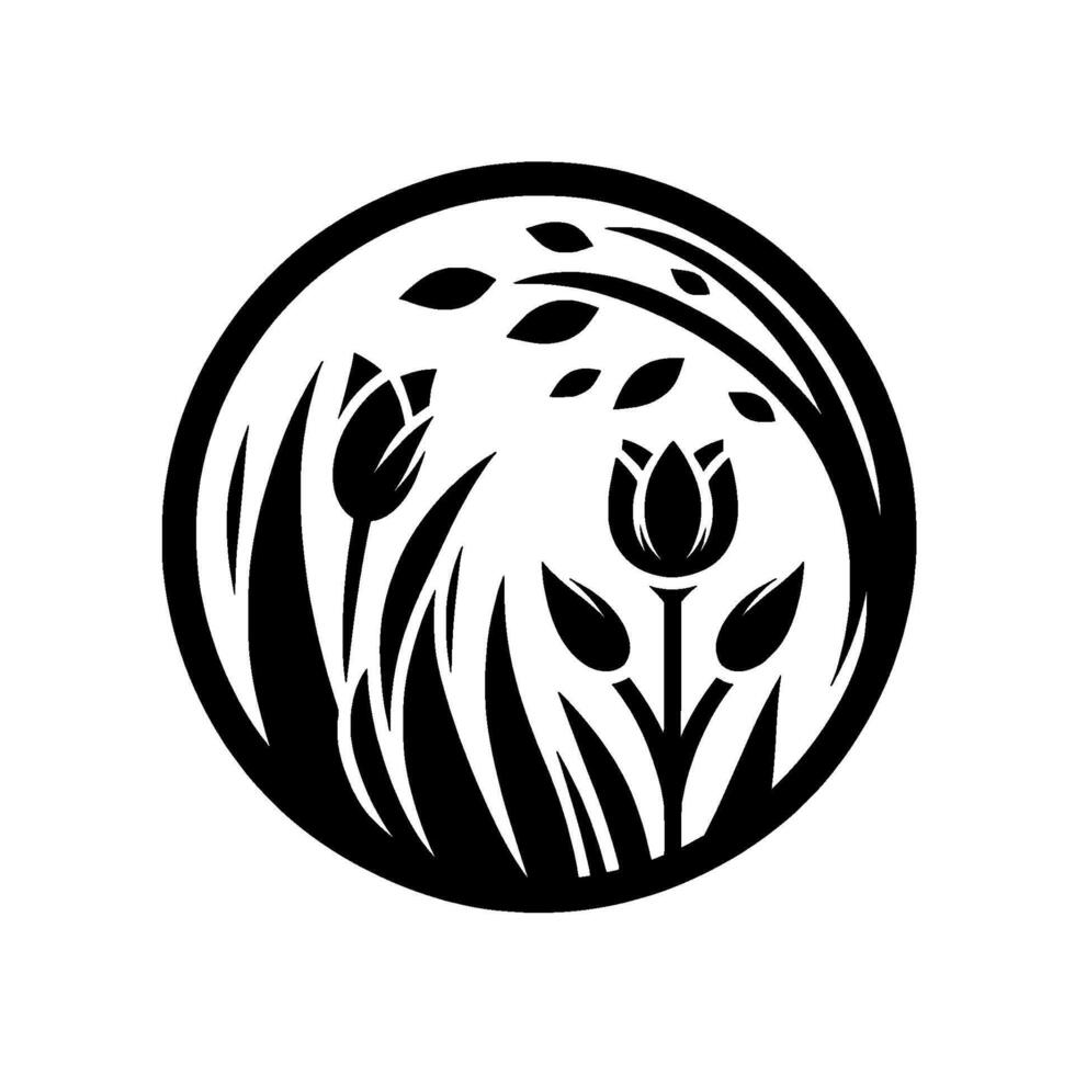 A stylized, circular black and white illustration of tulips and foliage growing within a border, symbolizing natures beauty. vector