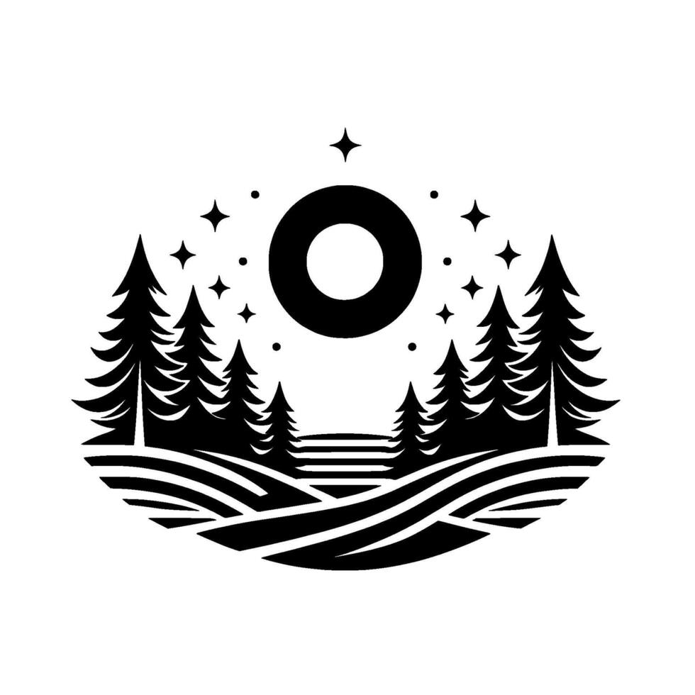 Stylized black and white nature illustration featuring an encircled star, coniferous trees, rolling hills and a starry sky. vector