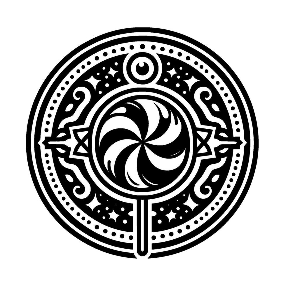 Intricate Black and White Swirl Lollipop within a Circular Ornamental Frame on a White Background. vector