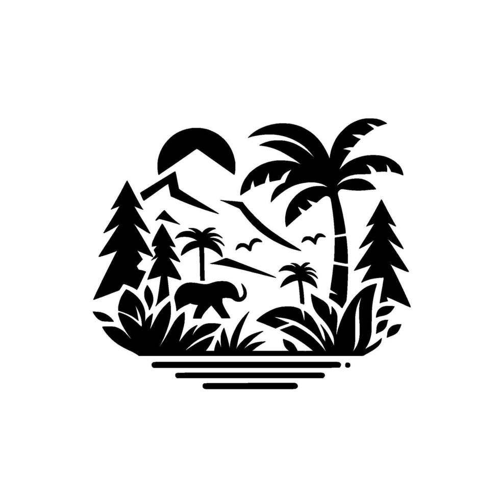 Silhouette of a Tranquil Jungle Scene Featuring an Elephant, Palm Trees, Mountains, Birds, and Sun. vector