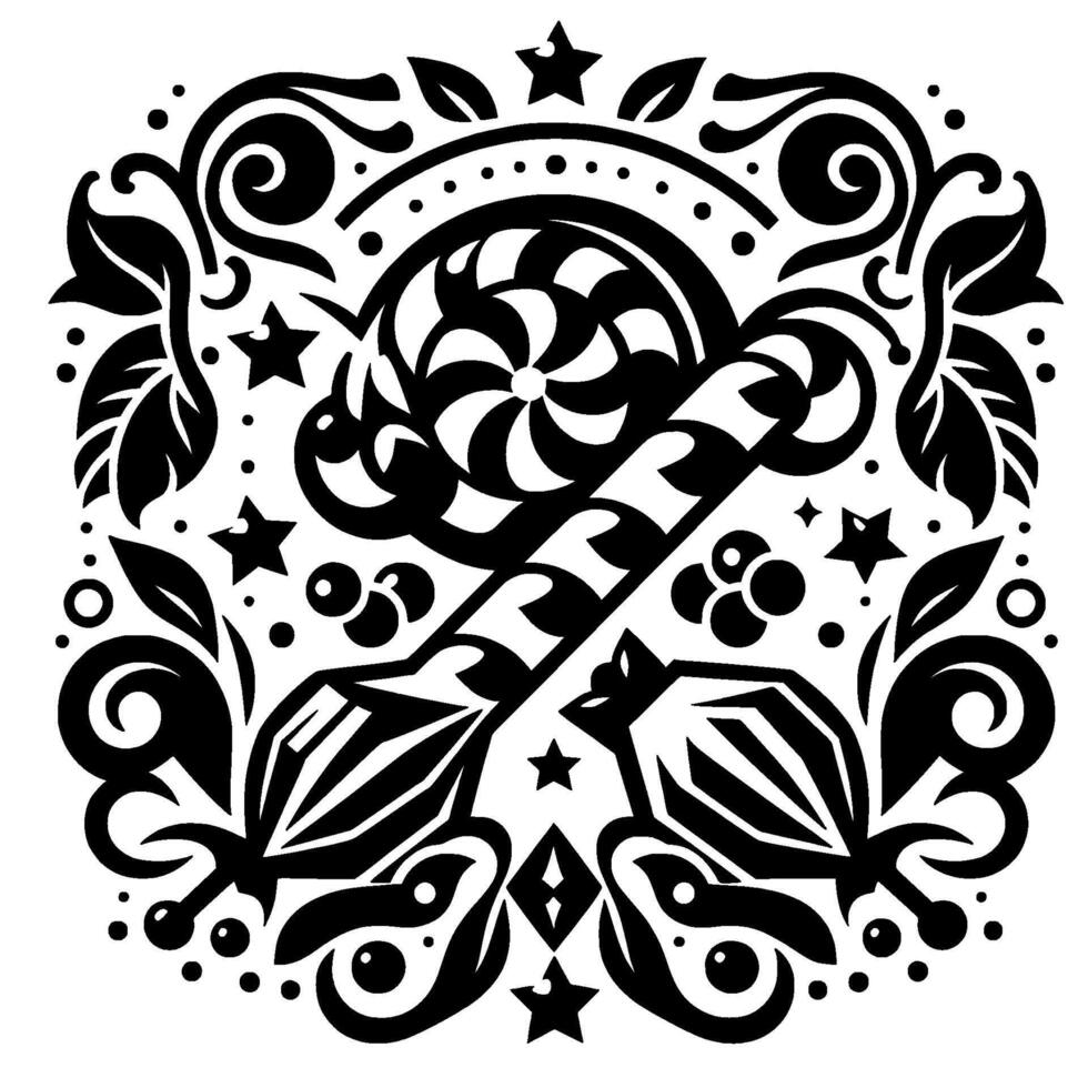 Black and White Symmetrical Ornament Swirls, Flowers, Stars, Candy Cane with Floral Pattern, symmetrical design, floral elements vector