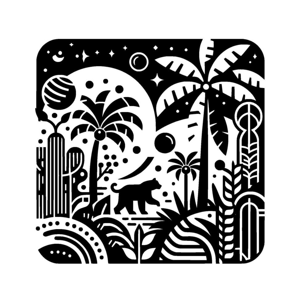 A stylized black and white illustration of a moonlit jungle scene with a panther, palm trees, and celestial elements within a rounded square frame. vector
