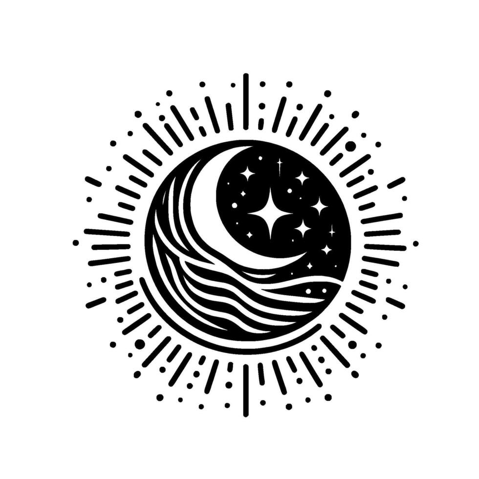 A celestial black and white emblem featuring a crescent moon, starry night sky, and radiating sunburst, evoking mystical vibes. vector