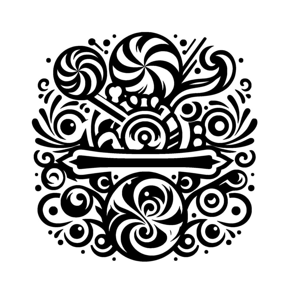 Intricate Black and White Graphic Stylized Candy Composition Featuring Swirls, Lollipops, and Ornamental Details vector