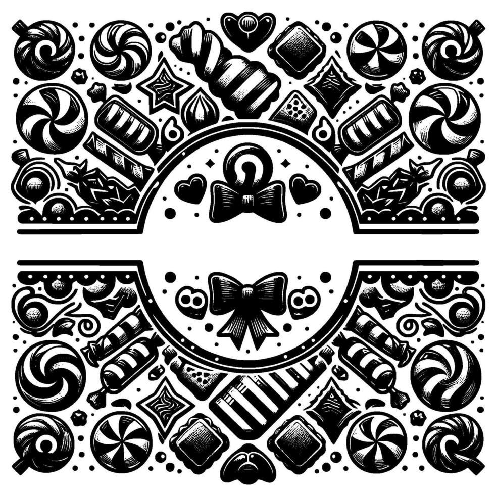 Black and white circular candy illustration with swirls, bowties, sweets, and layered symmetrical design. vector