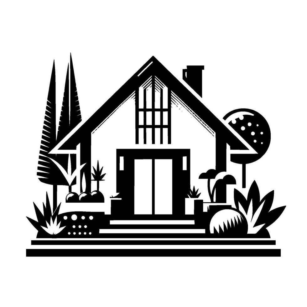 Geometric black and white illustration of a modern house with a gabled roof, lush landscaping, and stylized plant life. vector