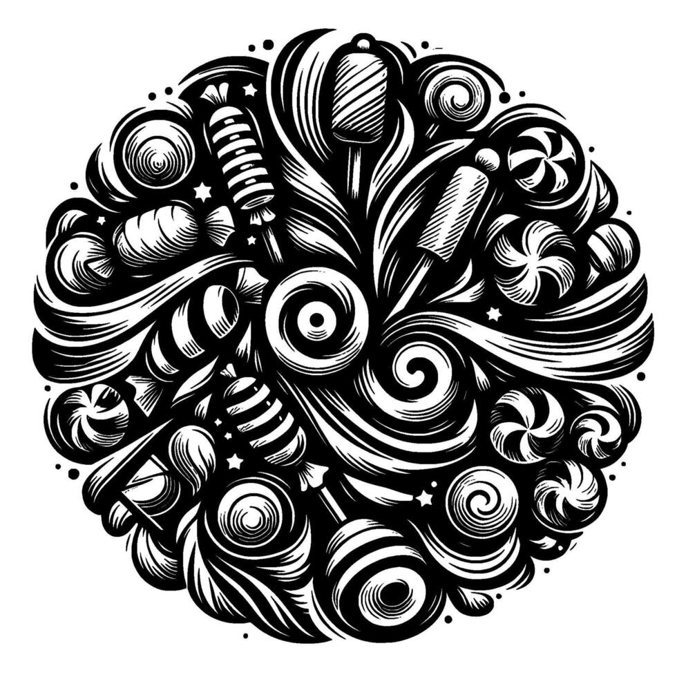 Whimsical black and white circular illustration of various candies, lollipops, and swirls, creating a sweet, decorative with star accents. vector