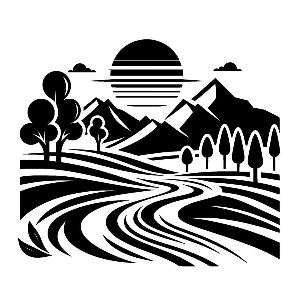 Black and White Landscape Mountains, River, Trees, and Sunset vector