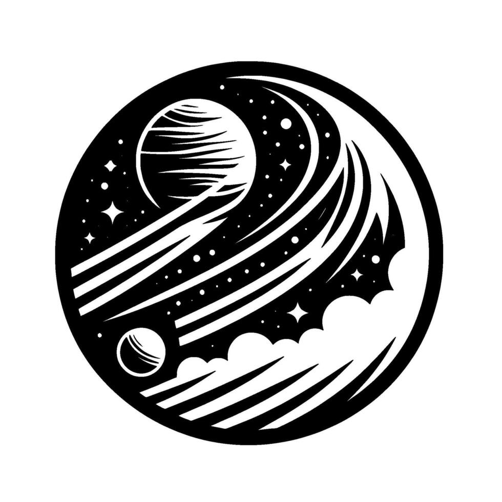 Monochrome Celestial Emblem A stylized circle depicts a planet with layered bands, smaller orb, stardust, starbursts, and cloudlike formations, evoking a sense of cosmic wonder and design. vector