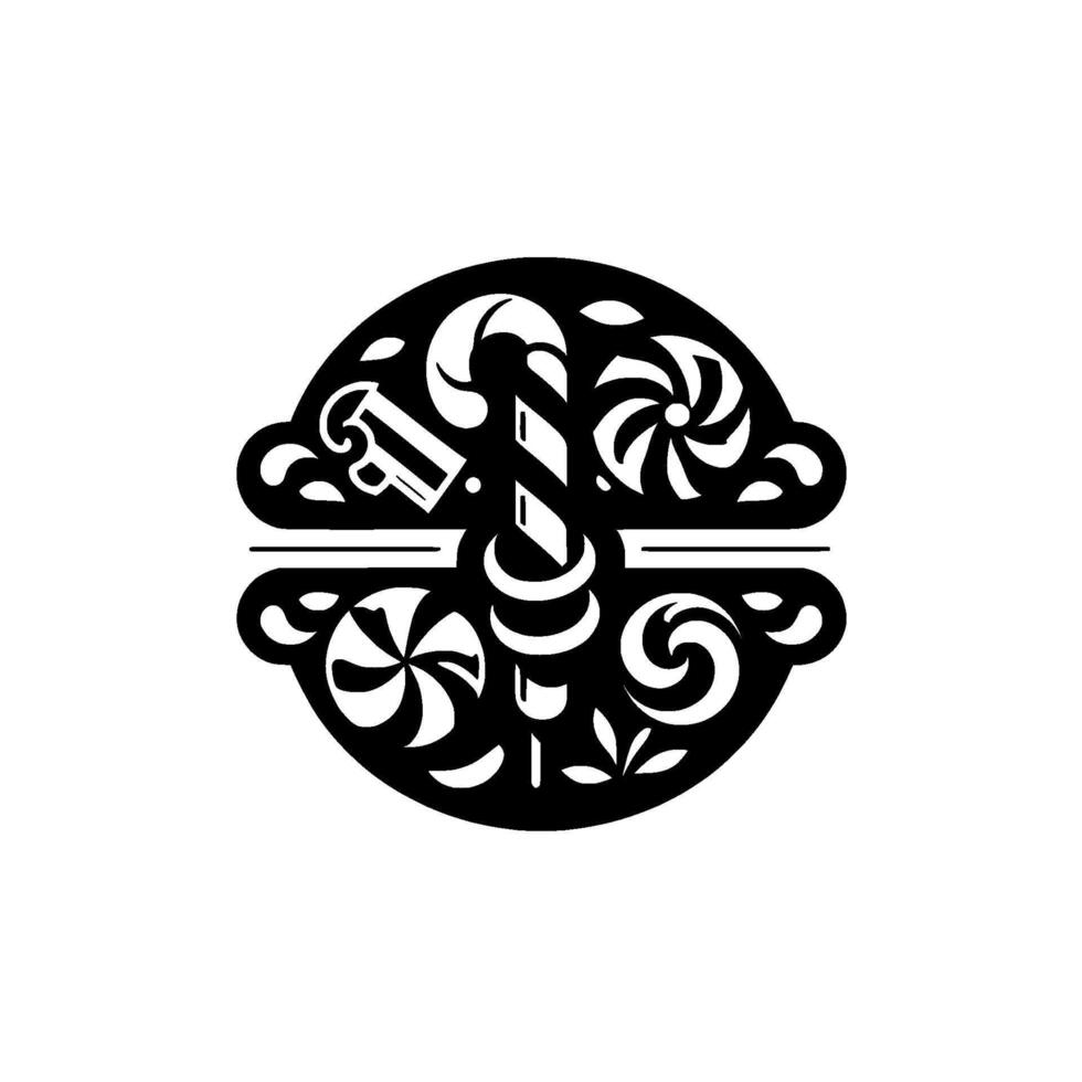 Intricate Black White Circular Ornament Featuring Candy Cane, Lollipops, and FloralInspired Details on White Background vector