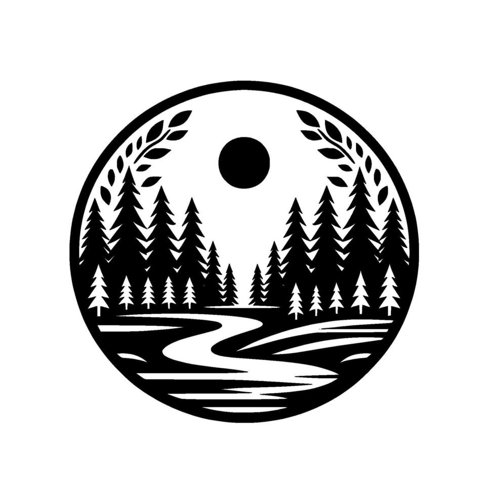 Black and White Circular Illustration of a Forest Landscape with Trees, River, and Sun, Framed by Foliage. vector