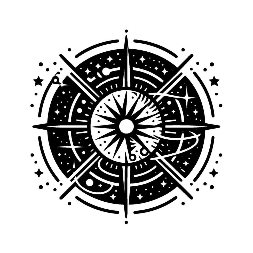 Celestial Compass A minimalist black and white illustration featuring a starfilled navigational instrument with a sunlike center, encircled by constellations and astral elements. vector