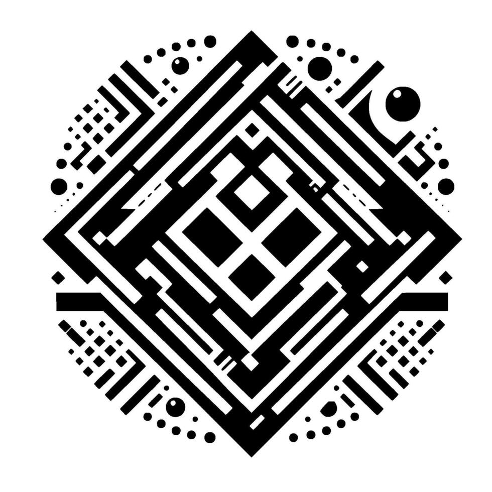 Abstract Geometric Pattern A Symmetrical Black and White with Lines, Squares, and Dot Elements Forming a Circular Composition. vector
